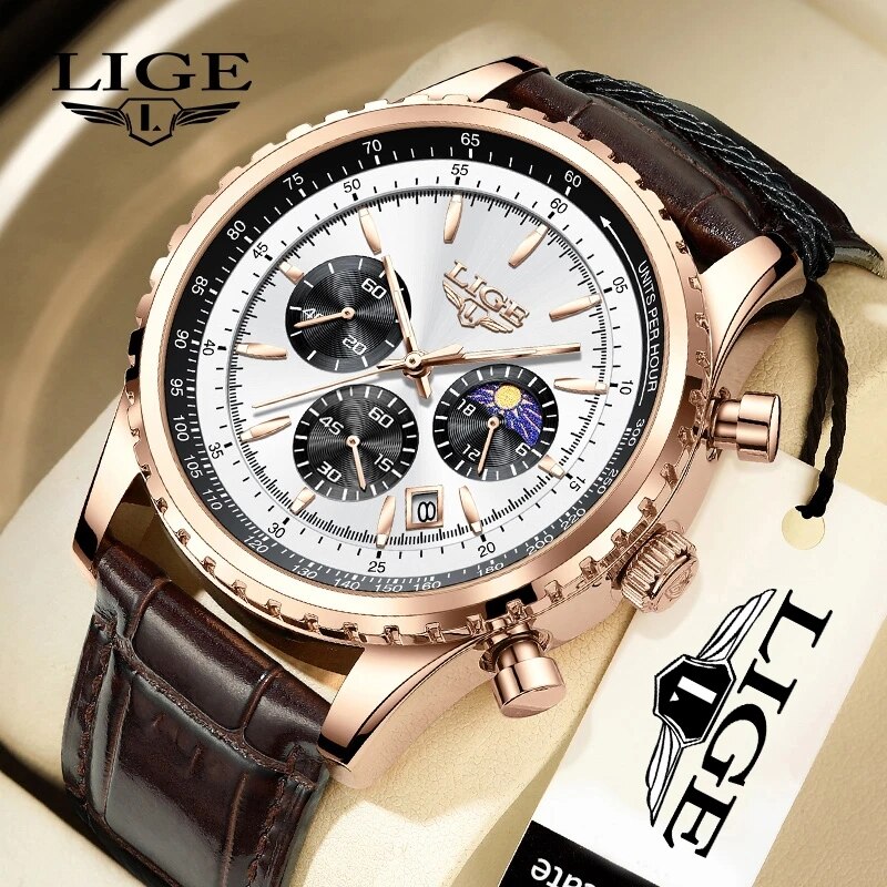 Luxury Bags Brands List - LIGE-Montre-bracelet à quartz en cuir étanche